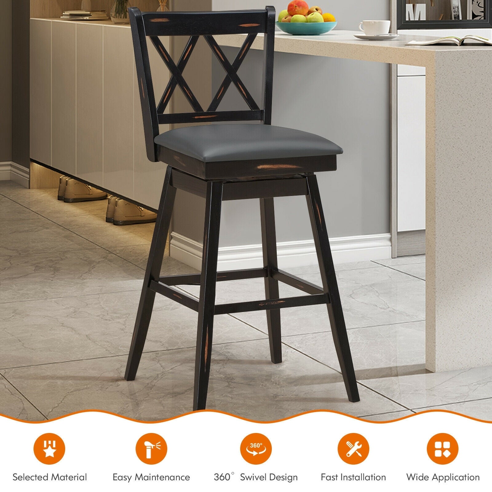 2-Piece 29 Inch Swivel Barstool Set, Rubber Wood Legs, Black Bar Stools at Gallery Canada
