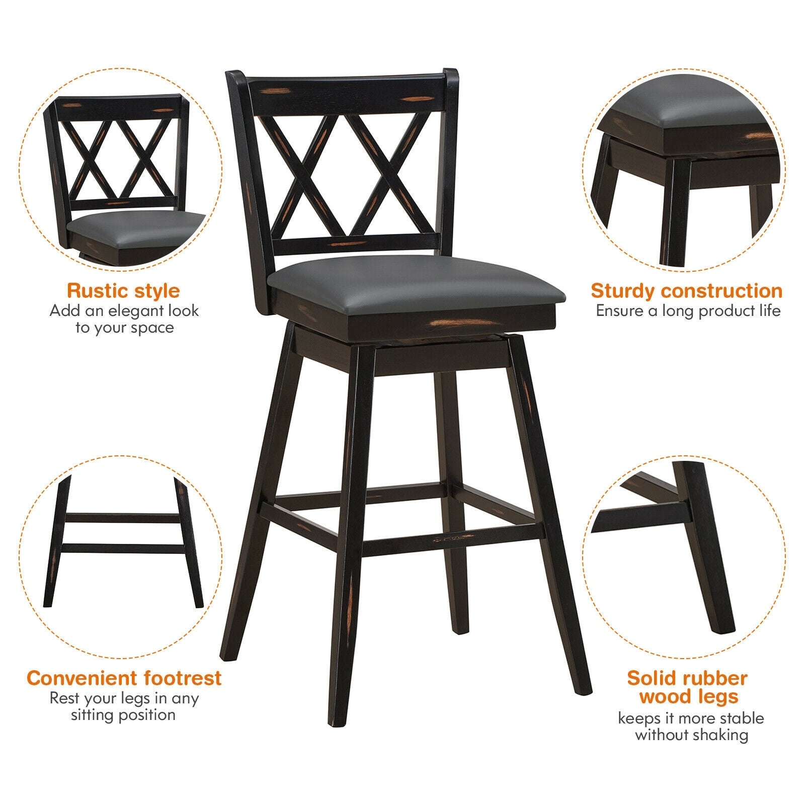 2-Piece 29 Inch Swivel Barstool Set, Rubber Wood Legs, Black Bar Stools at Gallery Canada