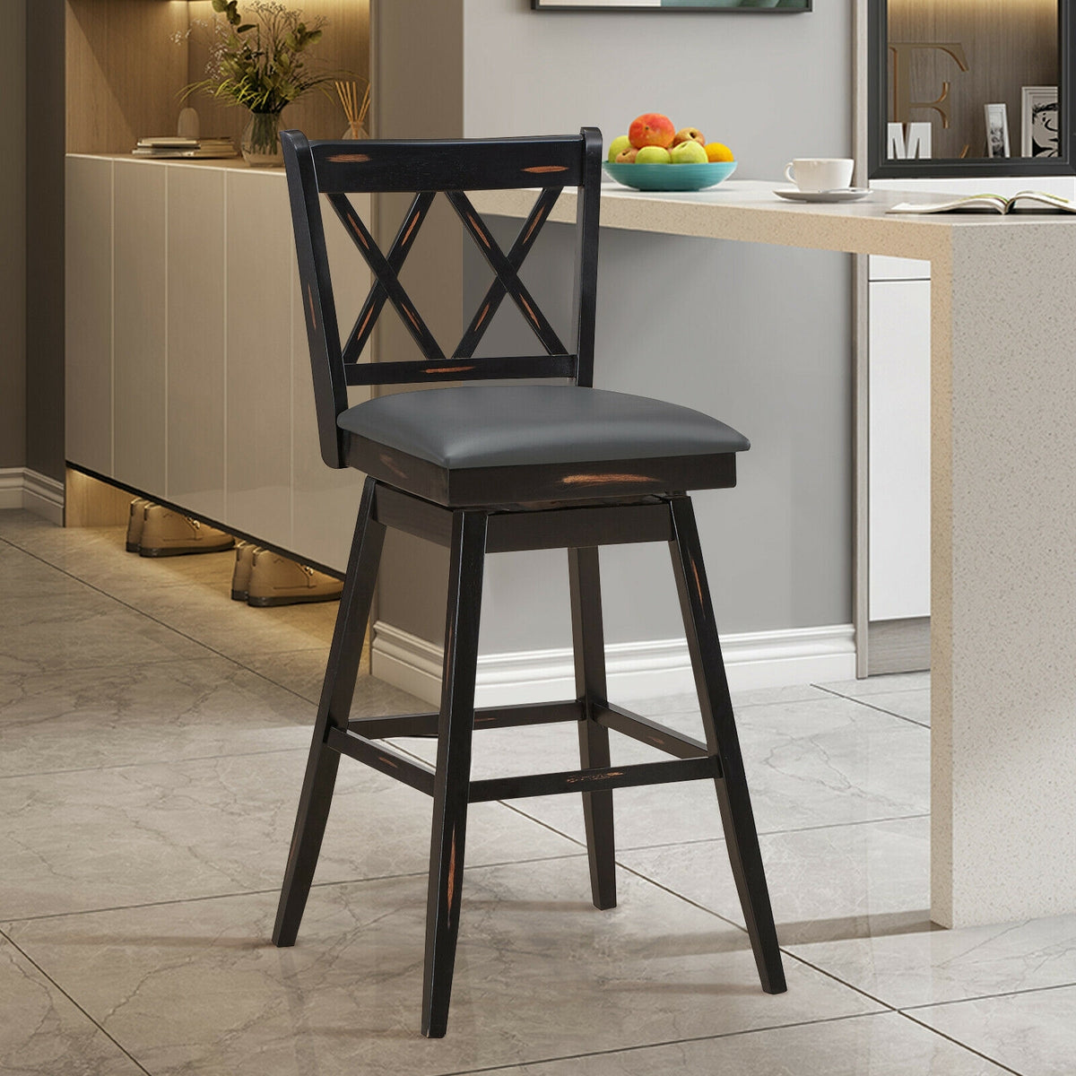 2-Piece 29 Inch Swivel Barstool Set, Rubber Wood Legs, Black Bar Stools at Gallery Canada