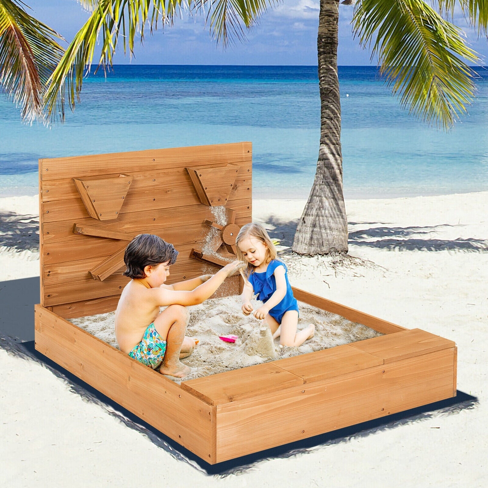 Kids Wooden Square Sandbox With Cover, Brown Sandboxes at Gallery Canada