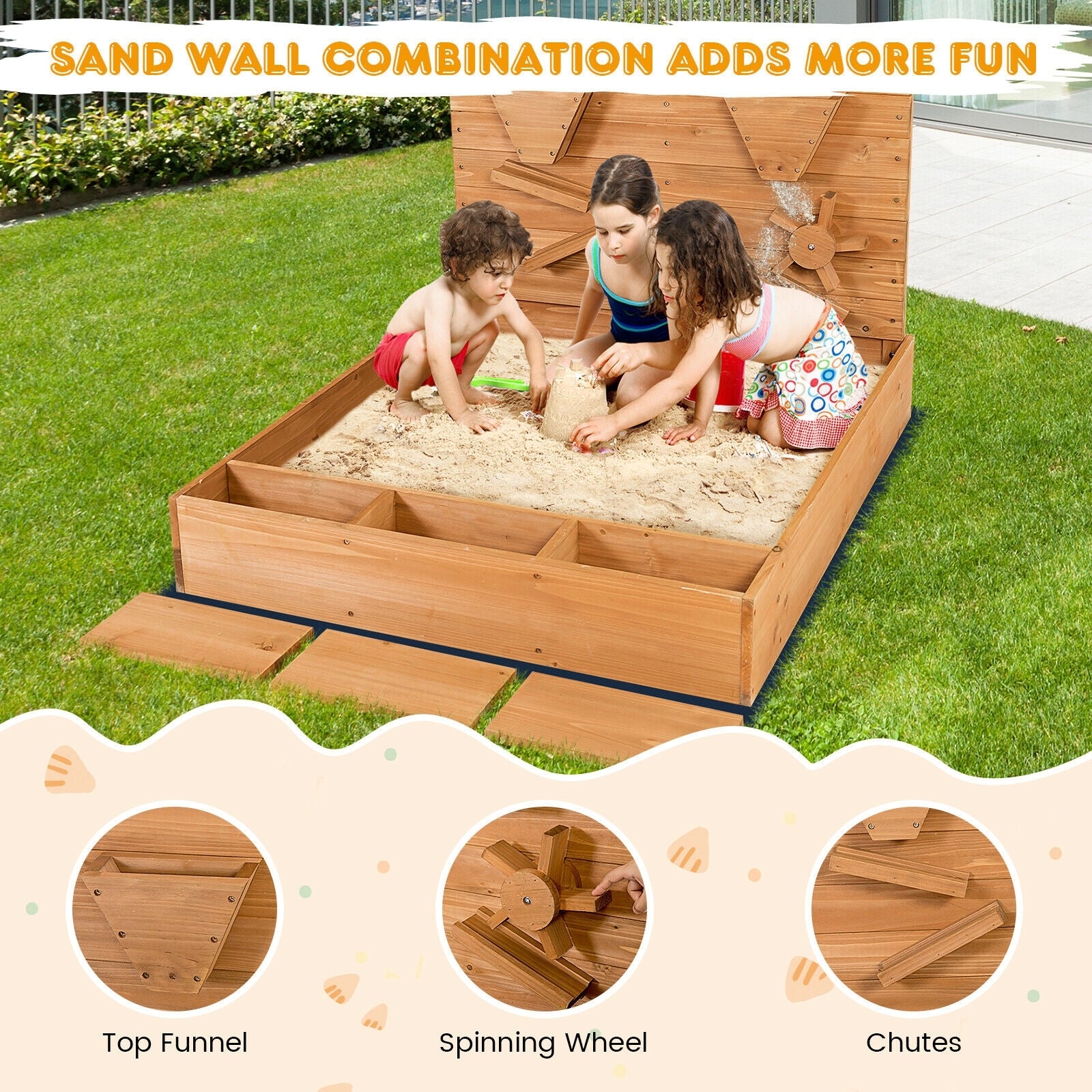 Kids Wooden Square Sandbox With Cover, Brown Sandboxes at Gallery Canada