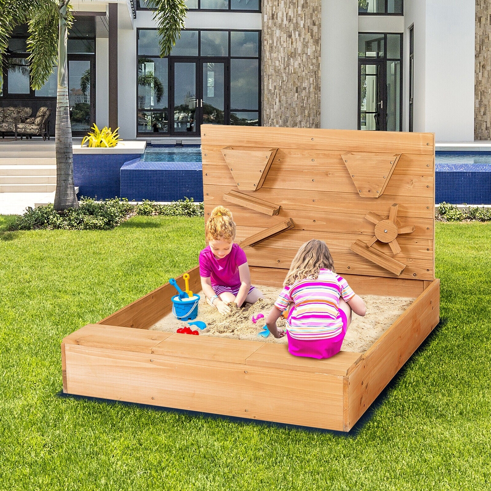 Kids Wooden Square Sandbox With Cover, Brown Sandboxes at Gallery Canada