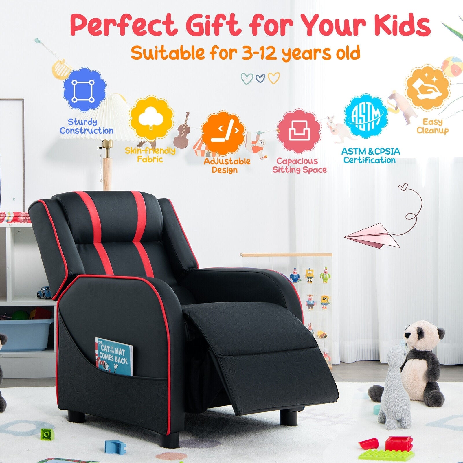 Kids Recliner Chair With Side Pockets, Footrest, Red Kids Chairs & Seating at Gallery Canada