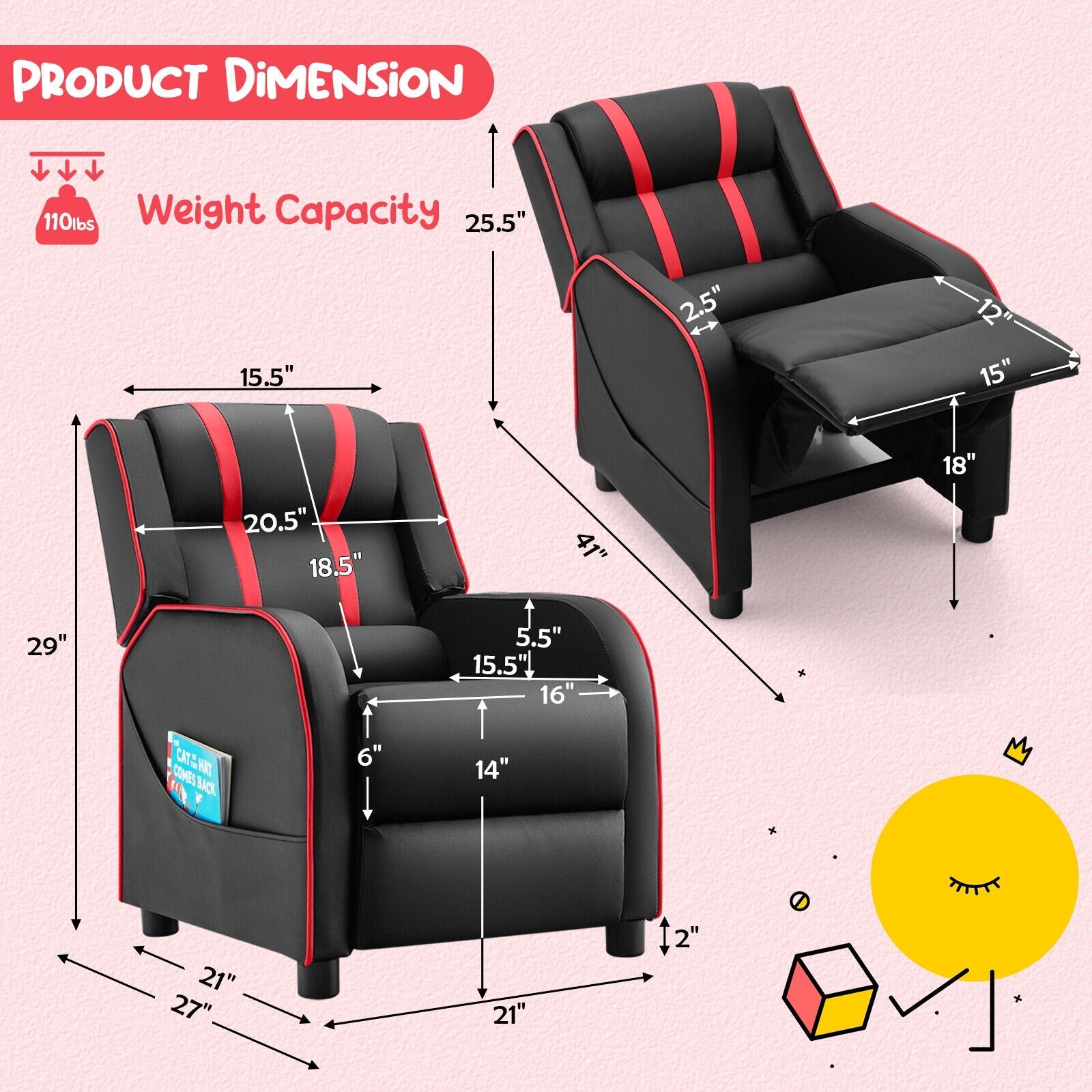 Kids Recliner Chair With Side Pockets, Footrest, Red Kids Chairs & Seating at Gallery Canada