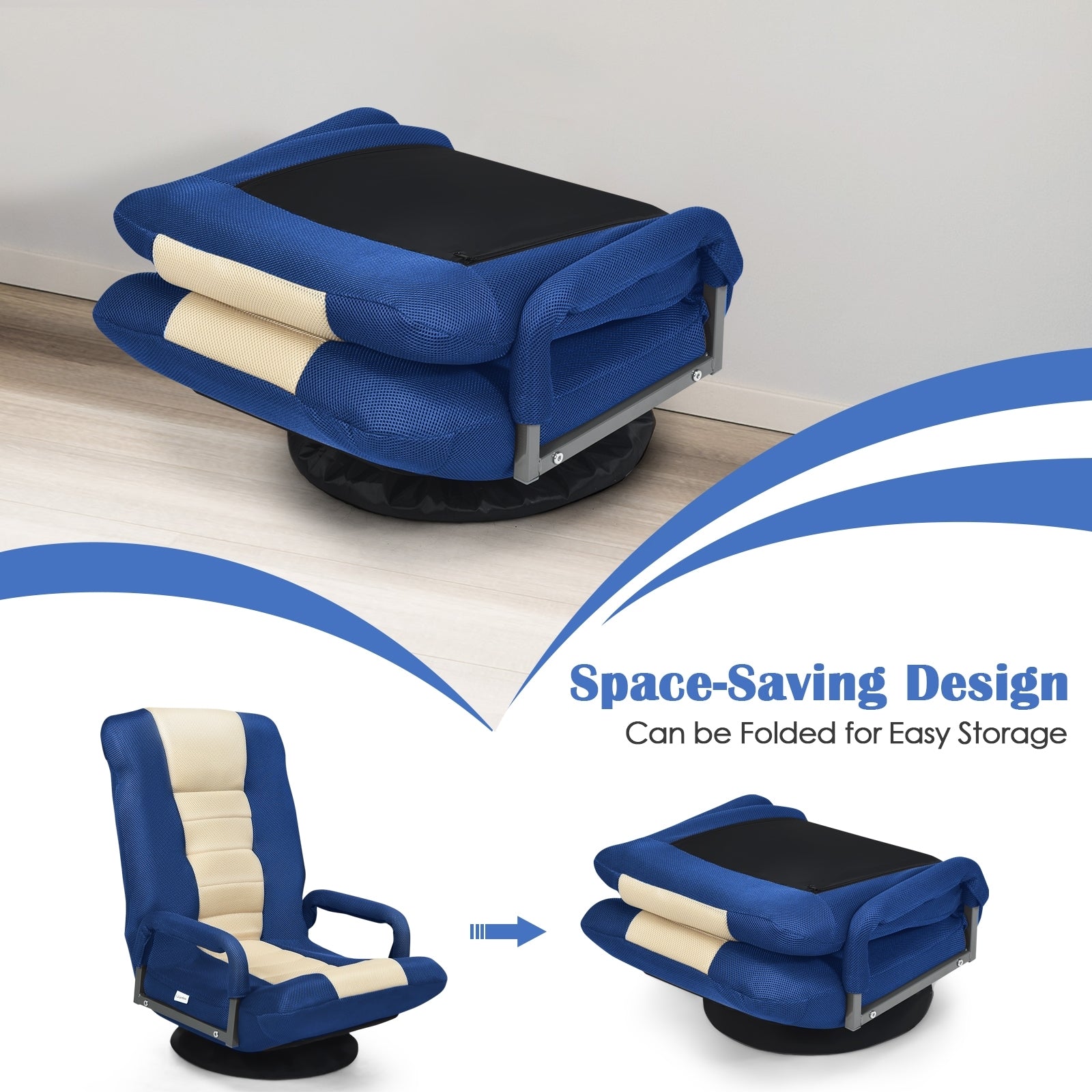 360-Degree Swivel Gaming Floor Chair, Foldable Adjustable Backrest, Blue Floor Chairs at Gallery Canada