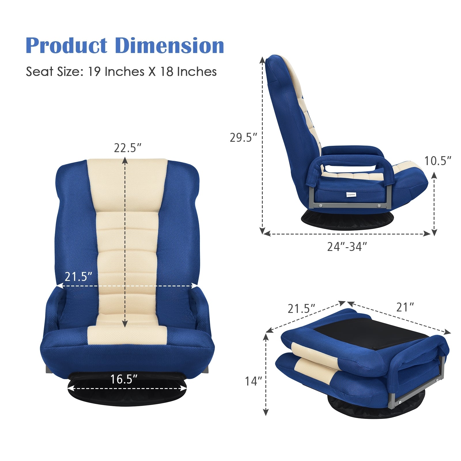360-Degree Swivel Gaming Floor Chair, Foldable Adjustable Backrest, Blue Floor Chairs at Gallery Canada