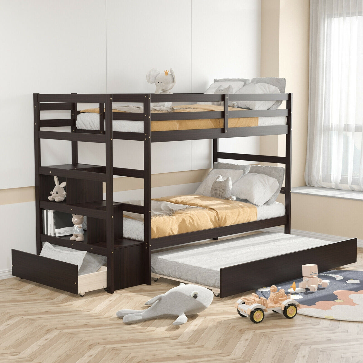 Twin Over Twin Bunk Bed, Storage Shelf, Drawer, Dark Brown Bunk Bed Frame at Gallery Canada