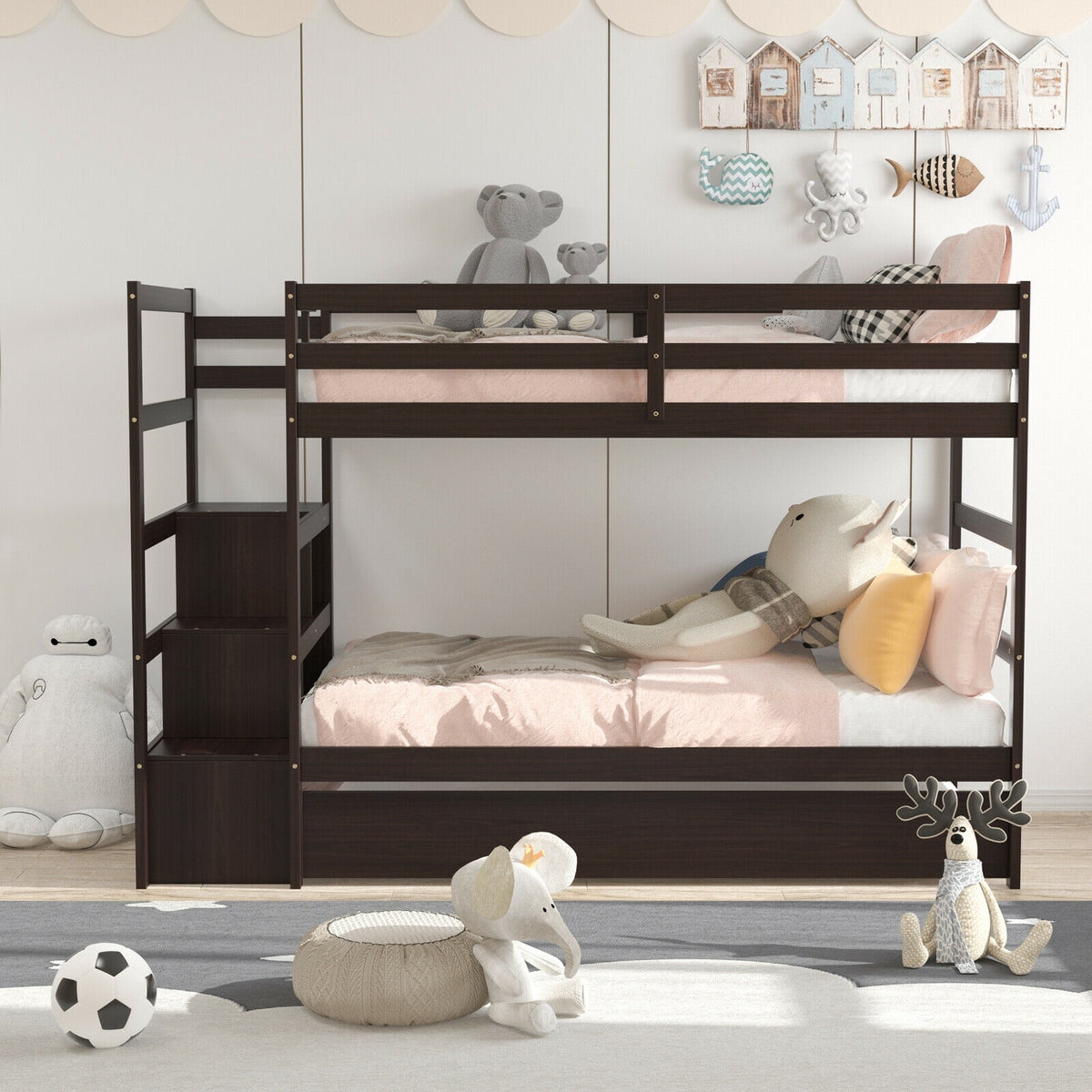 Twin Over Twin Bunk Bed, Storage Shelf, Drawer, Dark Brown Bunk Bed Frame at Gallery Canada