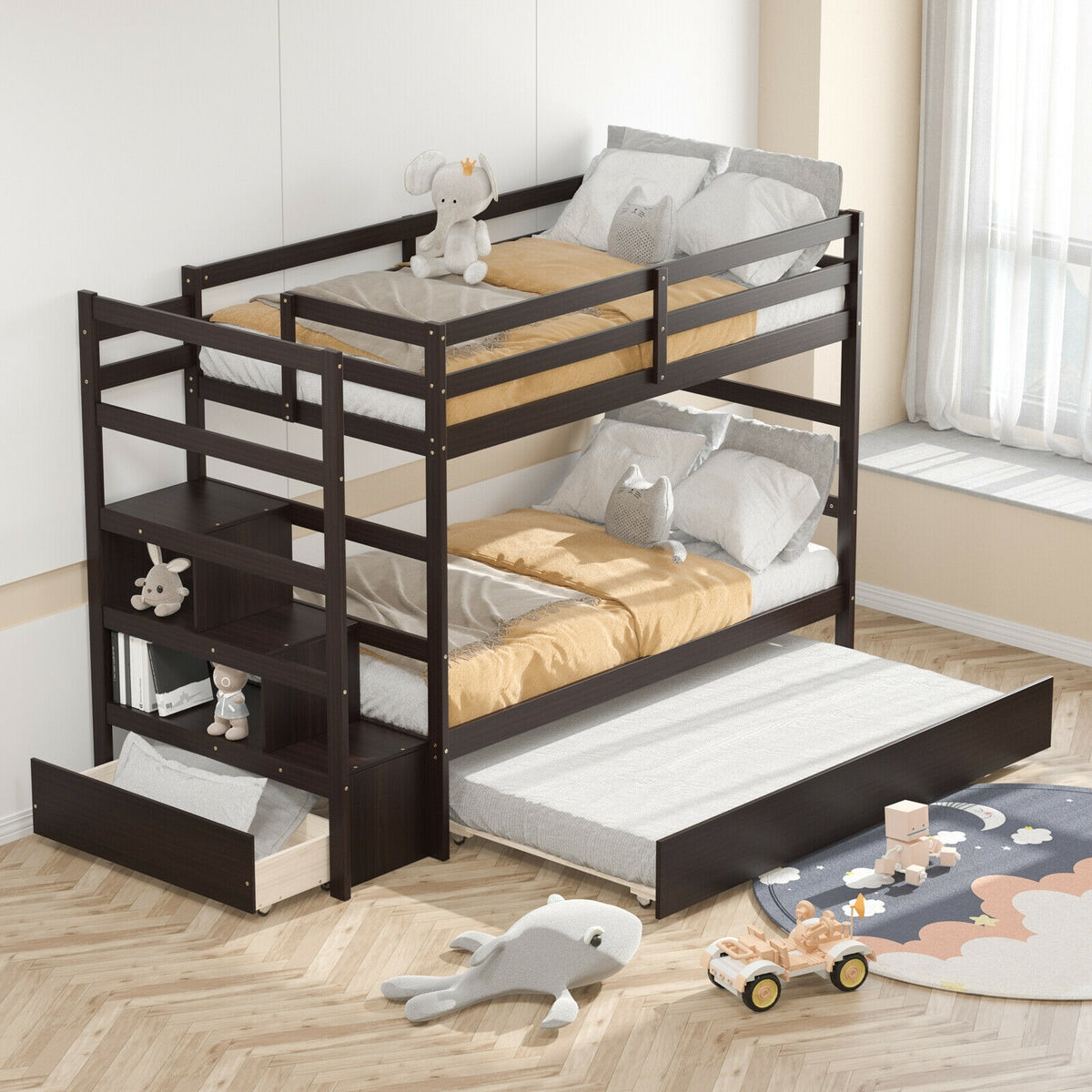 Twin Over Twin Bunk Bed, Storage Shelf, Drawer, Dark Brown Bunk Bed Frame at Gallery Canada