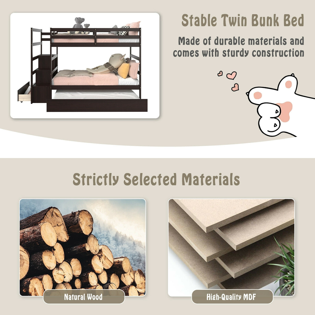 Twin Over Twin Bunk Bed, Storage Shelf, Drawer, Dark Brown Bunk Bed Frame at Gallery Canada