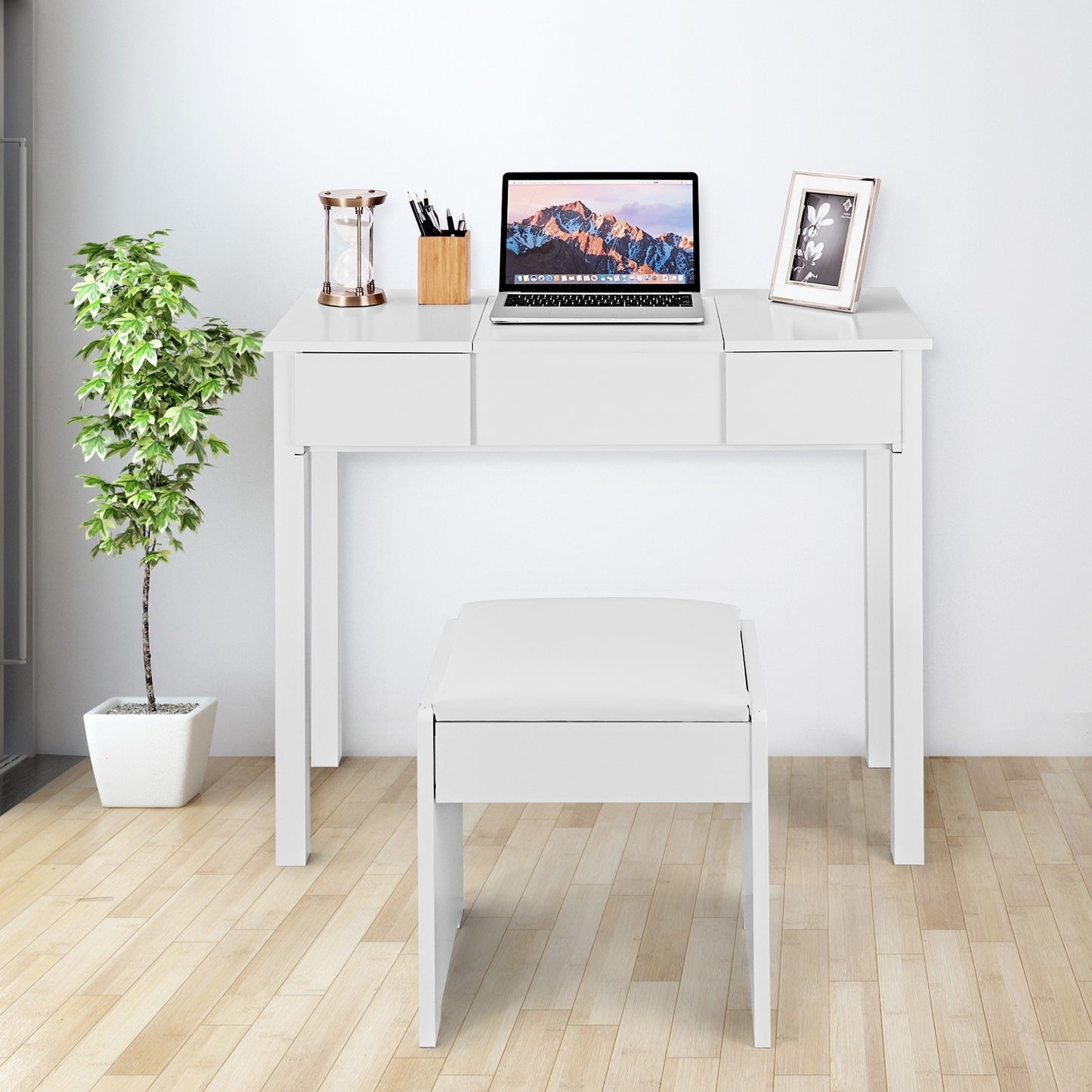 Vanity Makeup Dressing Table Set, Flip Top Mirror, Cushioned Stool, White Makeup Vanities at Gallery Canada