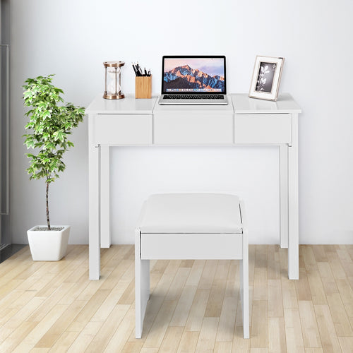 Vanity Makeup Dressing Table Set, Flip Top Mirror, Cushioned Stool, White
