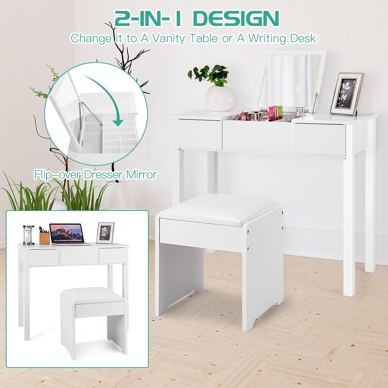 Vanity Makeup Dressing Table Set, Flip Top Mirror, Cushioned Stool, White Makeup Vanities at Gallery Canada
