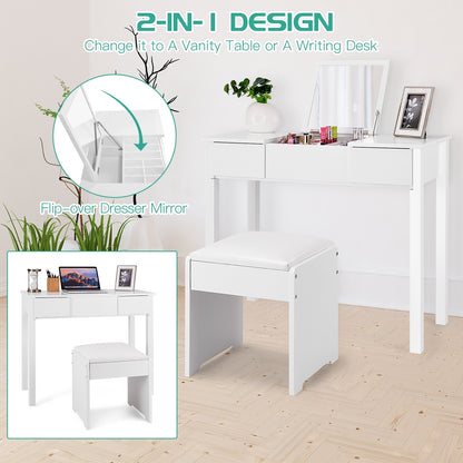Vanity Makeup Dressing Table Set, Flip Top Mirror, Cushioned Stool, White Makeup Vanities at Gallery Canada