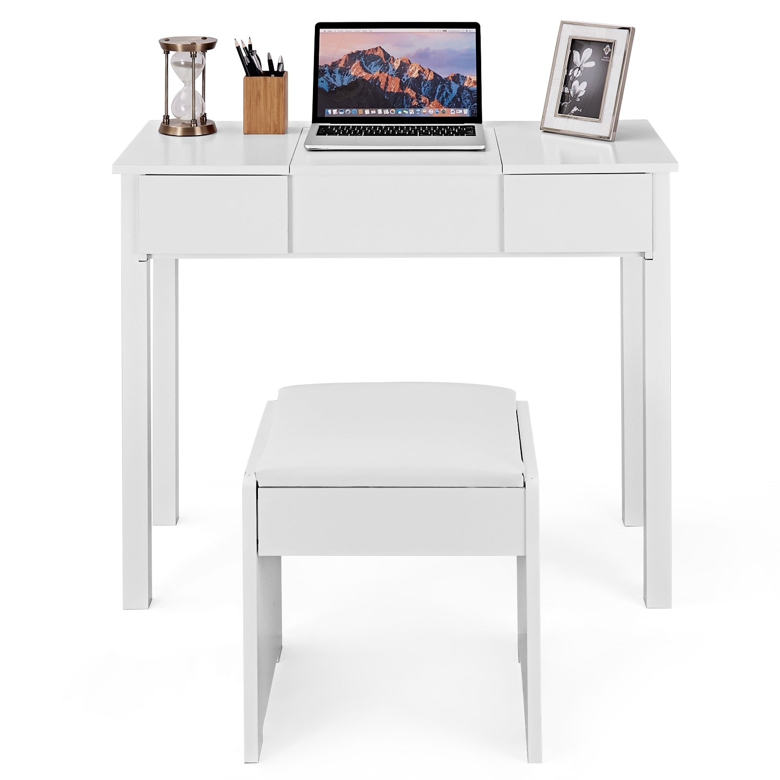 Vanity Makeup Dressing Table Set, Flip Top Mirror, Cushioned Stool, White Makeup Vanities White at Gallery Canada