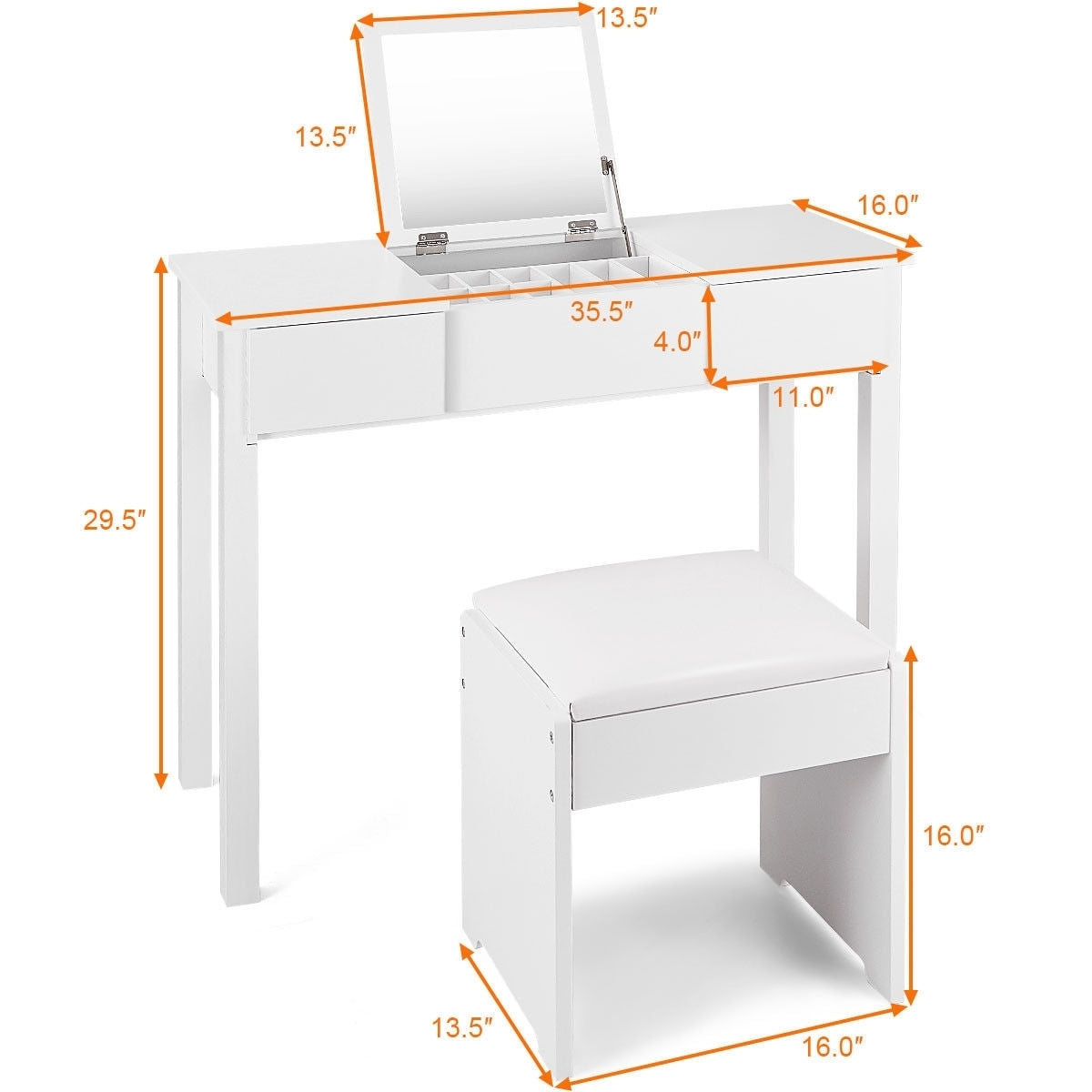 Vanity Makeup Dressing Table Set, Flip Top Mirror, Cushioned Stool, White Makeup Vanities at Gallery Canada