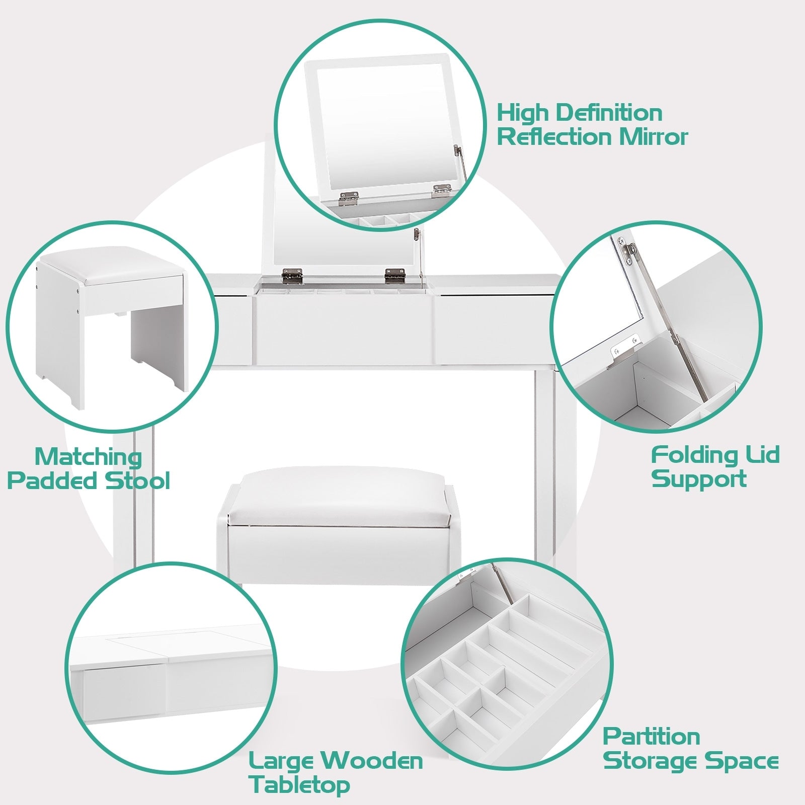 Vanity Makeup Dressing Table Set, Flip Top Mirror, Cushioned Stool, White Makeup Vanities at Gallery Canada