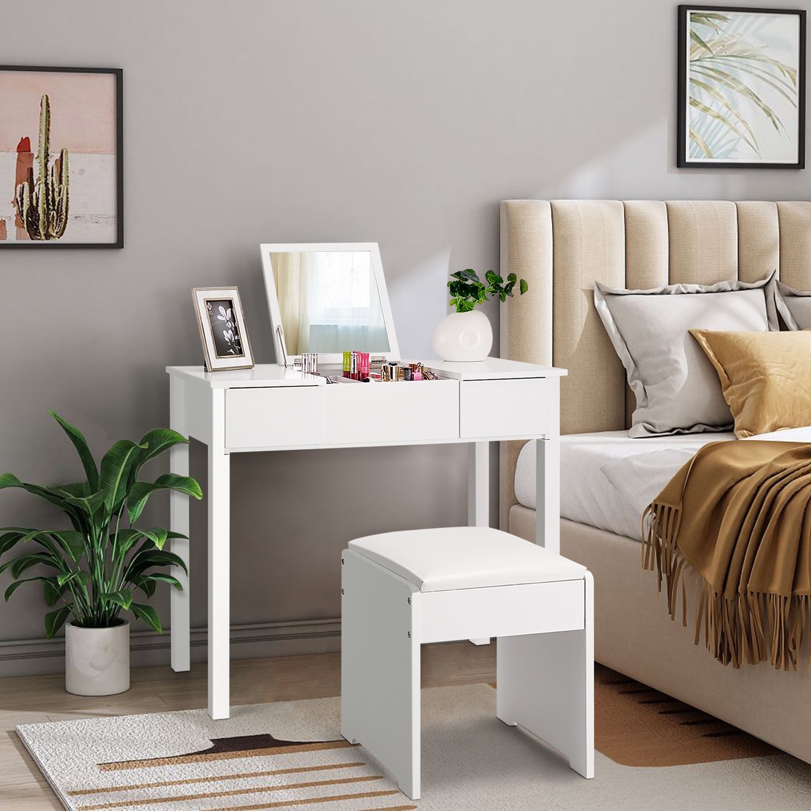 Vanity Makeup Dressing Table Set, Flip Top Mirror, Cushioned Stool, White Makeup Vanities at Gallery Canada