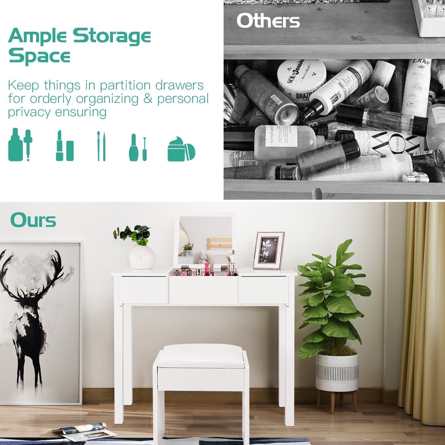 Vanity Makeup Dressing Table Set, Flip Top Mirror, Cushioned Stool, White Makeup Vanities at Gallery Canada