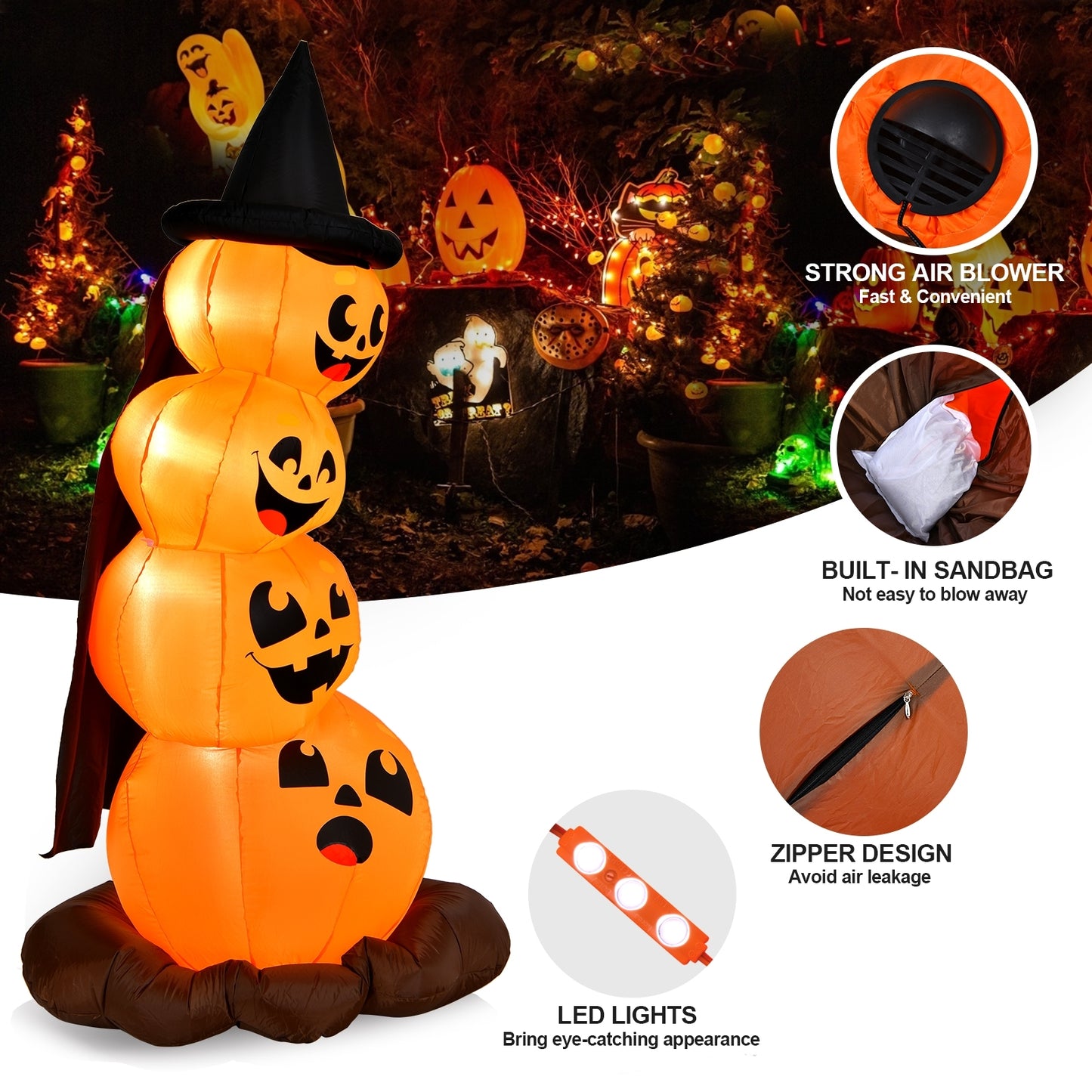 7 Feet Halloween Inflatable Pumpkin, Witch's Hat, LED Lights, Orange Halloween at Gallery Canada