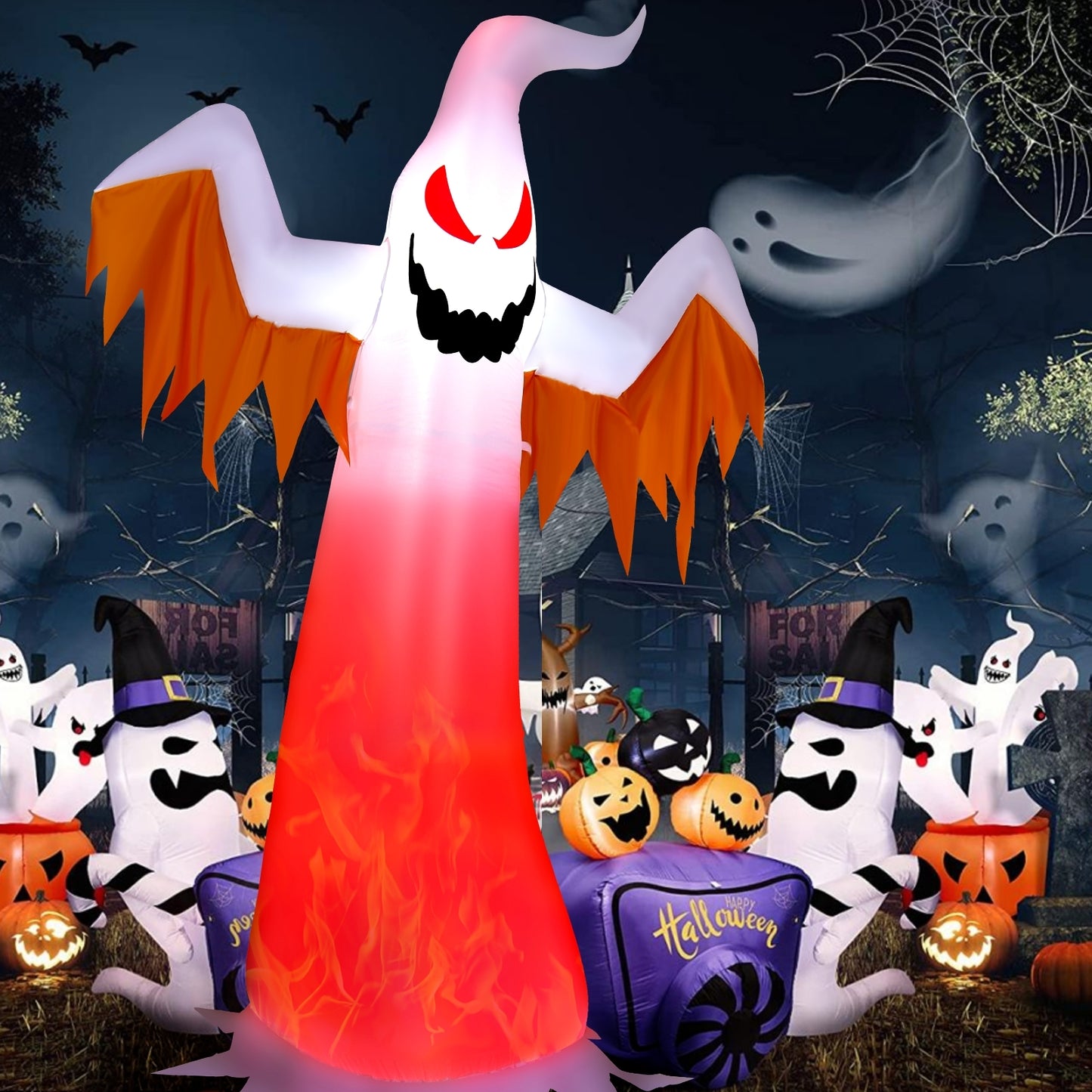8 Feet Halloween Inflatable Ghost, Rotatable Flame LED Lights, White Halloween at Gallery Canada