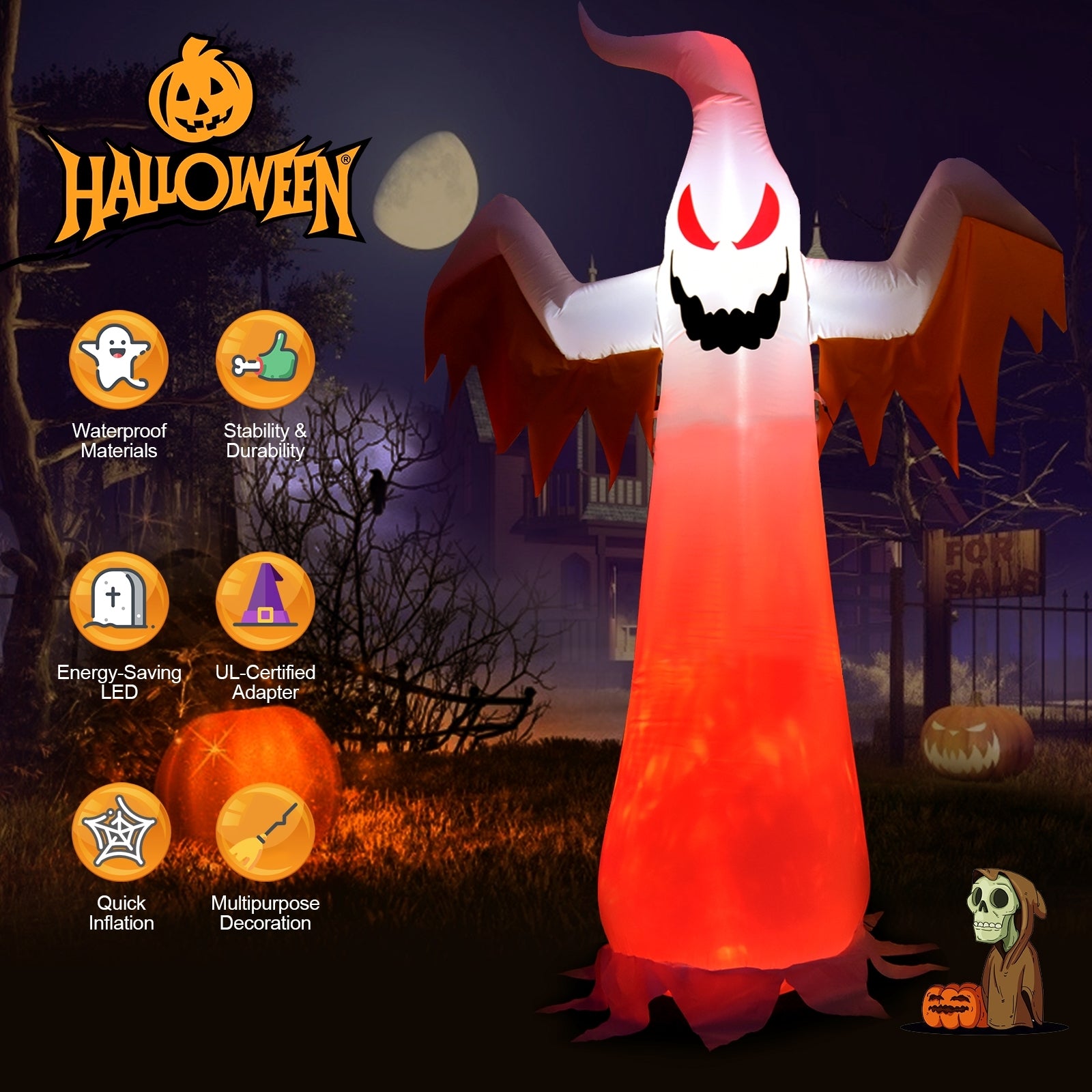 8 Feet Halloween Inflatable Ghost, Rotatable Flame LED Lights, White Halloween at Gallery Canada