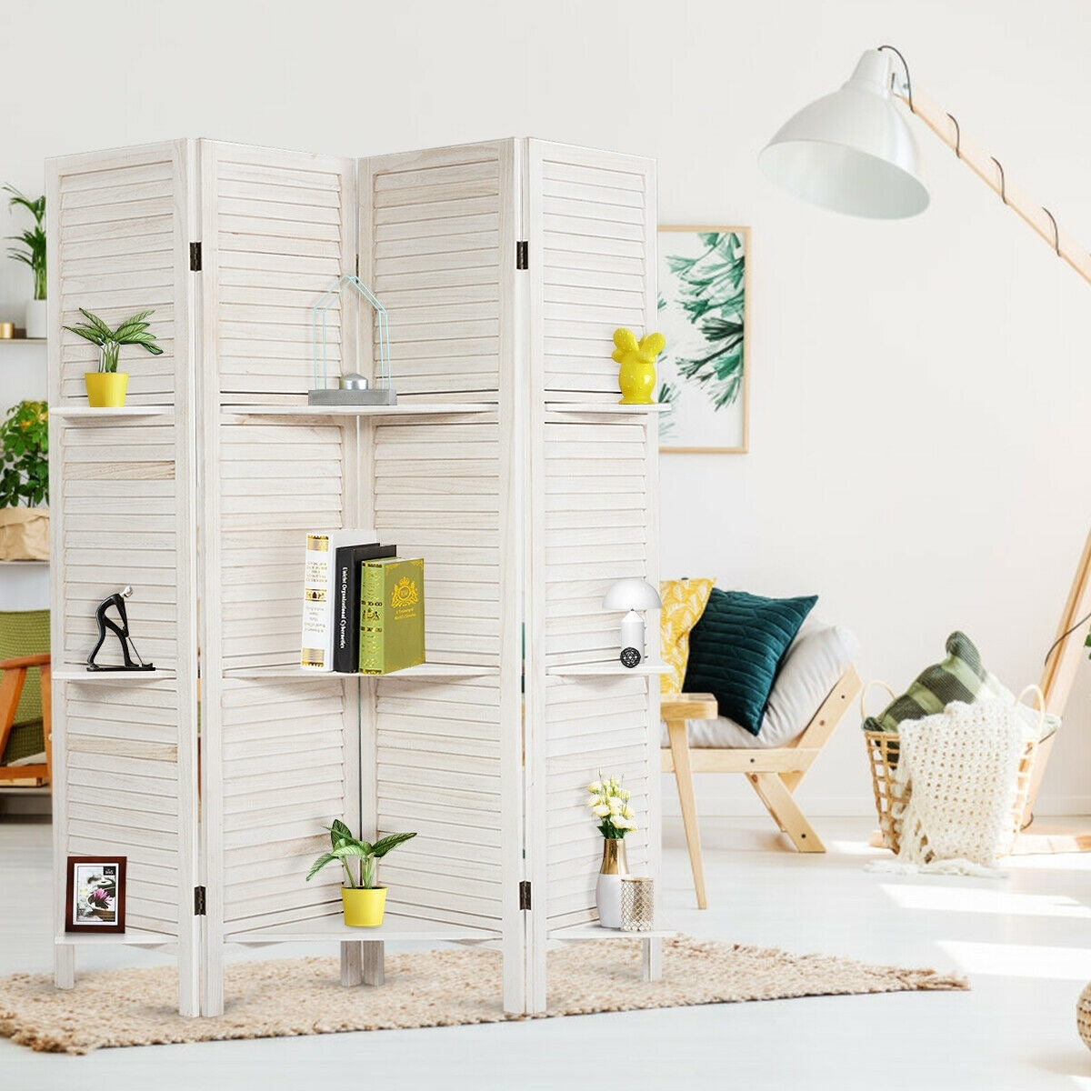 4 Panel Folding Room Divider Screen, 3 Display Shelves, White Room Dividers at Gallery Canada