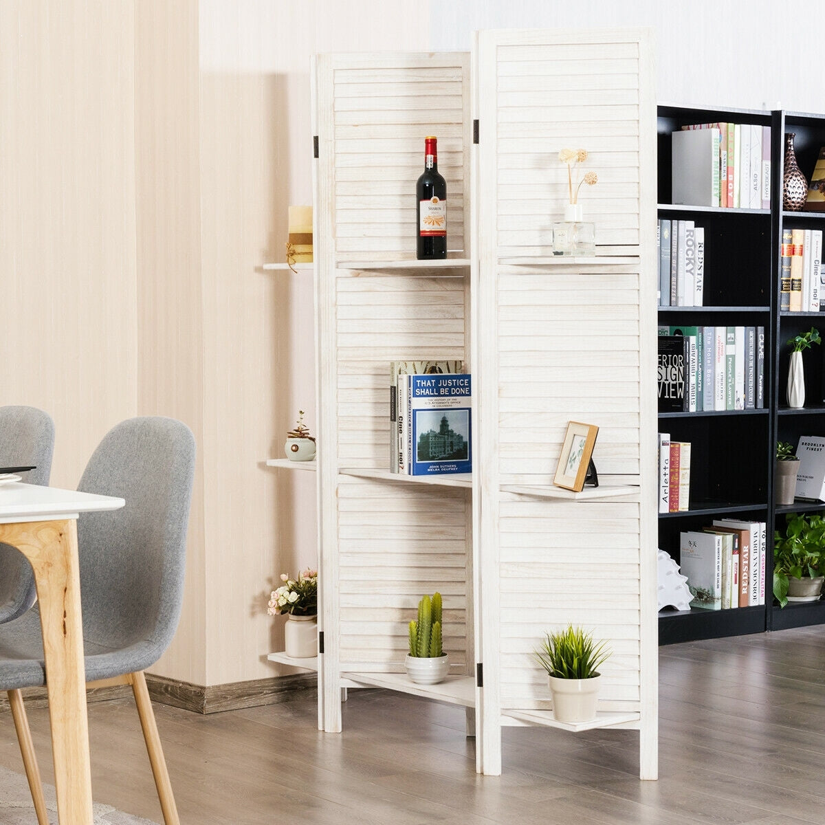 4 Panel Folding Room Divider Screen, 3 Display Shelves, White Room Dividers at Gallery Canada