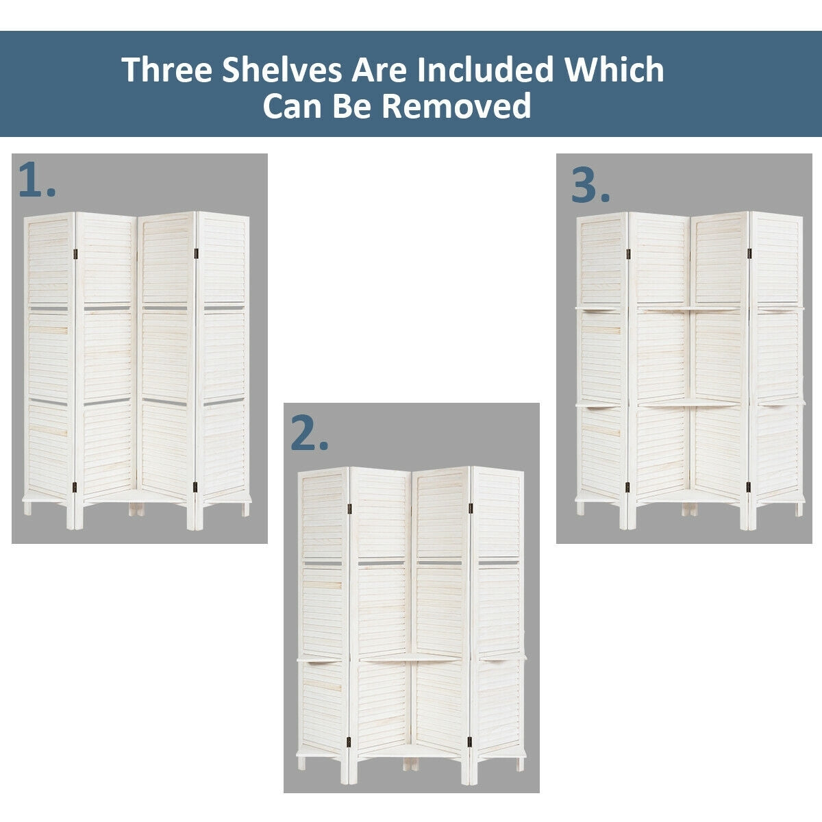 4 Panel Folding Room Divider Screen, 3 Display Shelves, White Room Dividers at Gallery Canada
