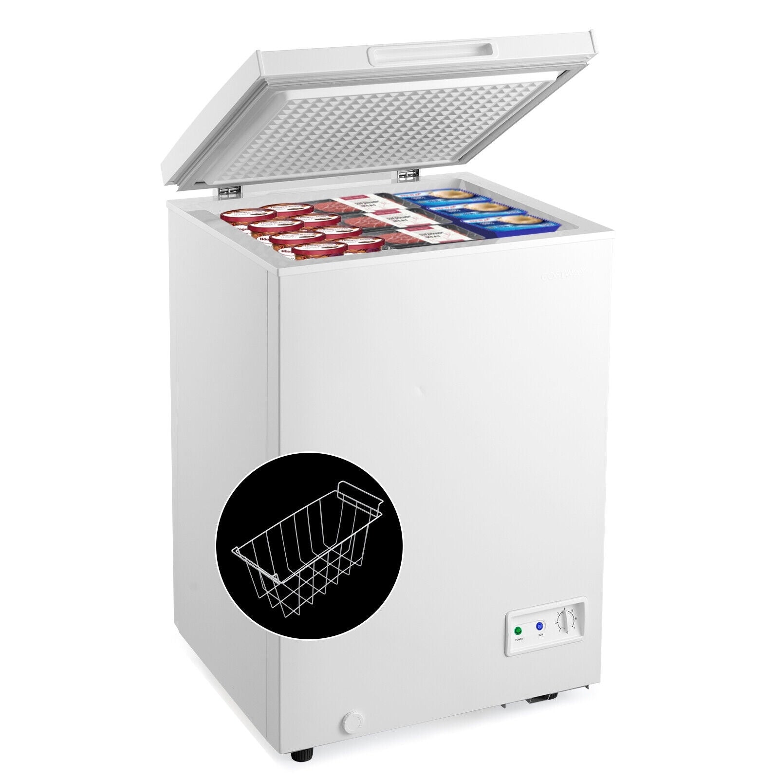 3.5 Cu.ft Compact Chest Freezer, Removable Storage Basket, White Freezers White at Gallery Canada