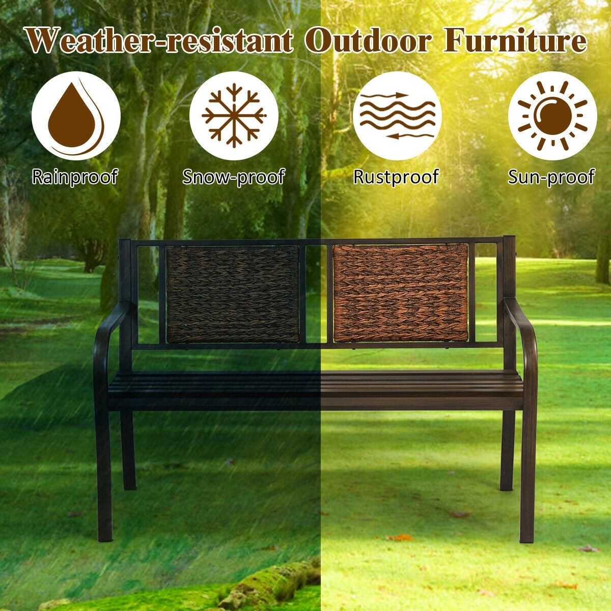 Outdoor Patio Garden Bench, Steel Frame Rattan, Bronze Outdoor Benches at Gallery Canada