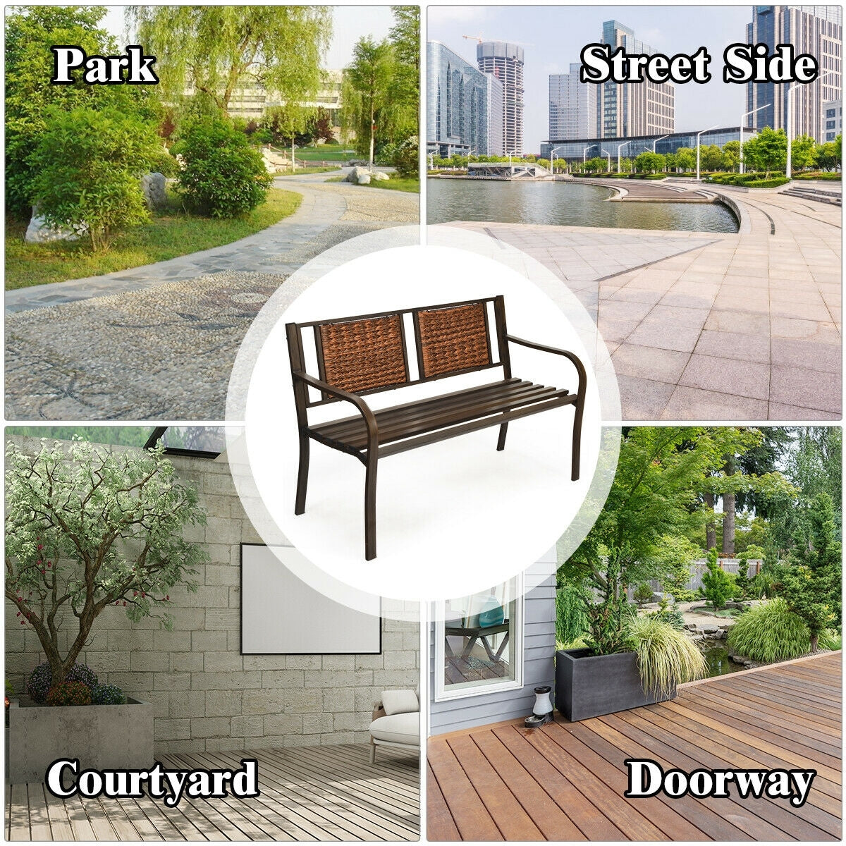 Outdoor Patio Garden Bench, Steel Frame Rattan, Bronze Outdoor Benches at Gallery Canada