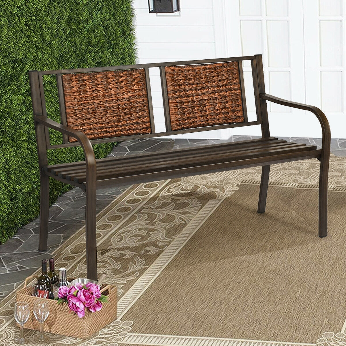 Outdoor Patio Garden Bench, Steel Frame Rattan, Bronze Outdoor Benches at Gallery Canada