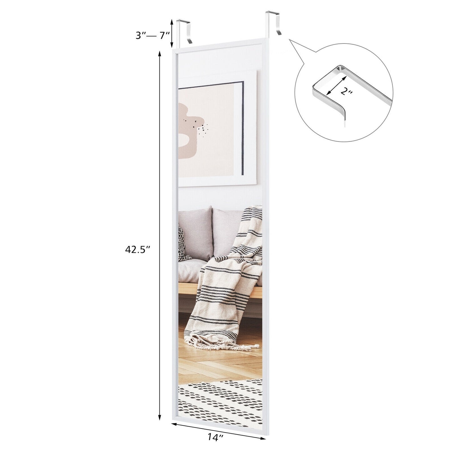 Full Length Metal Door Mirror, Adjustable Hook, White Wall Mirrors at Gallery Canada