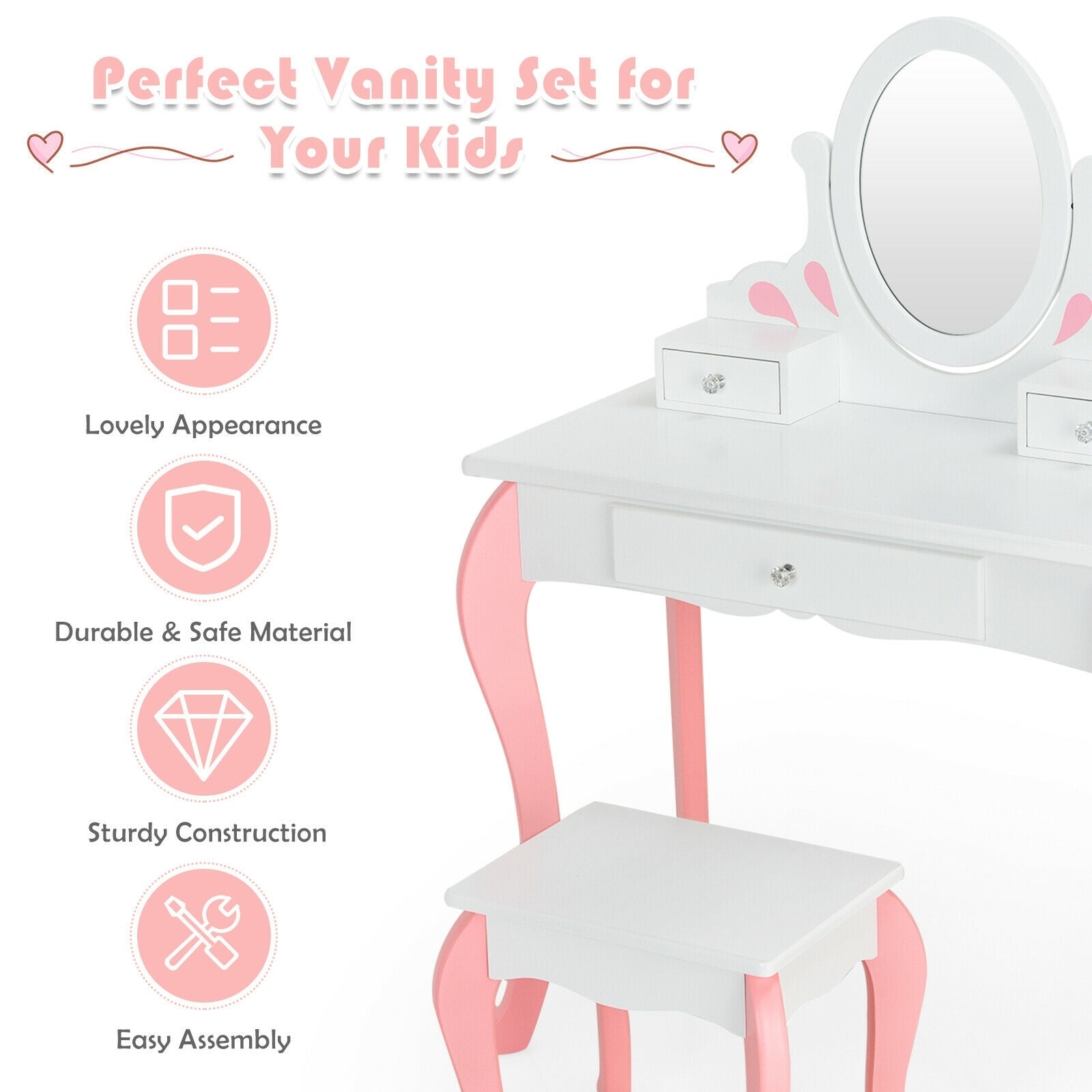 Kids Vanity Princess Makeup Dressing Table Stool Set, White Kids Vanities at Gallery Canada
