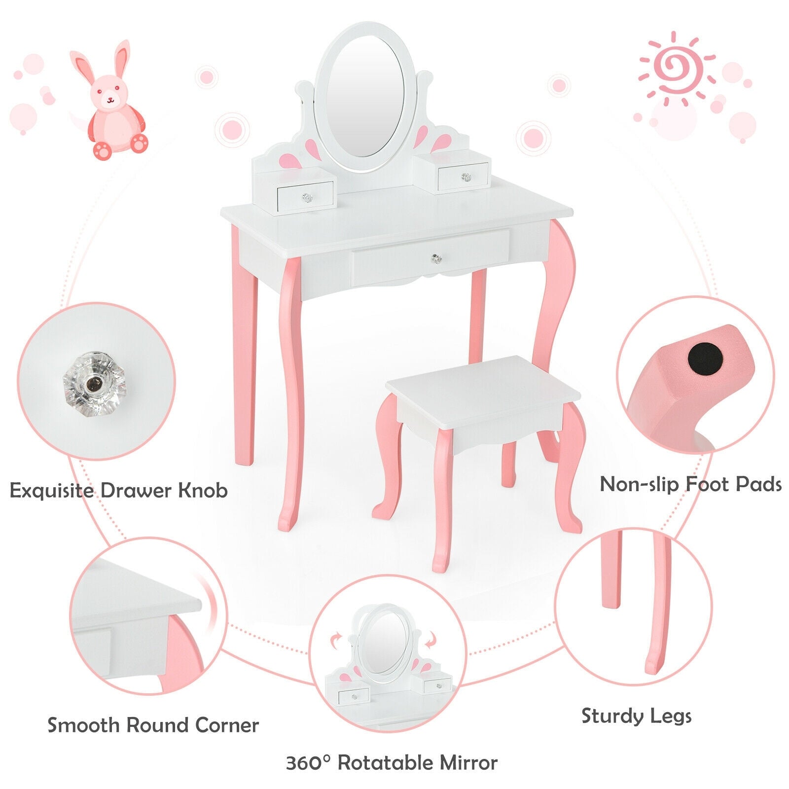 Kids Vanity Princess Makeup Dressing Table Stool Set, White Kids Vanities at Gallery Canada