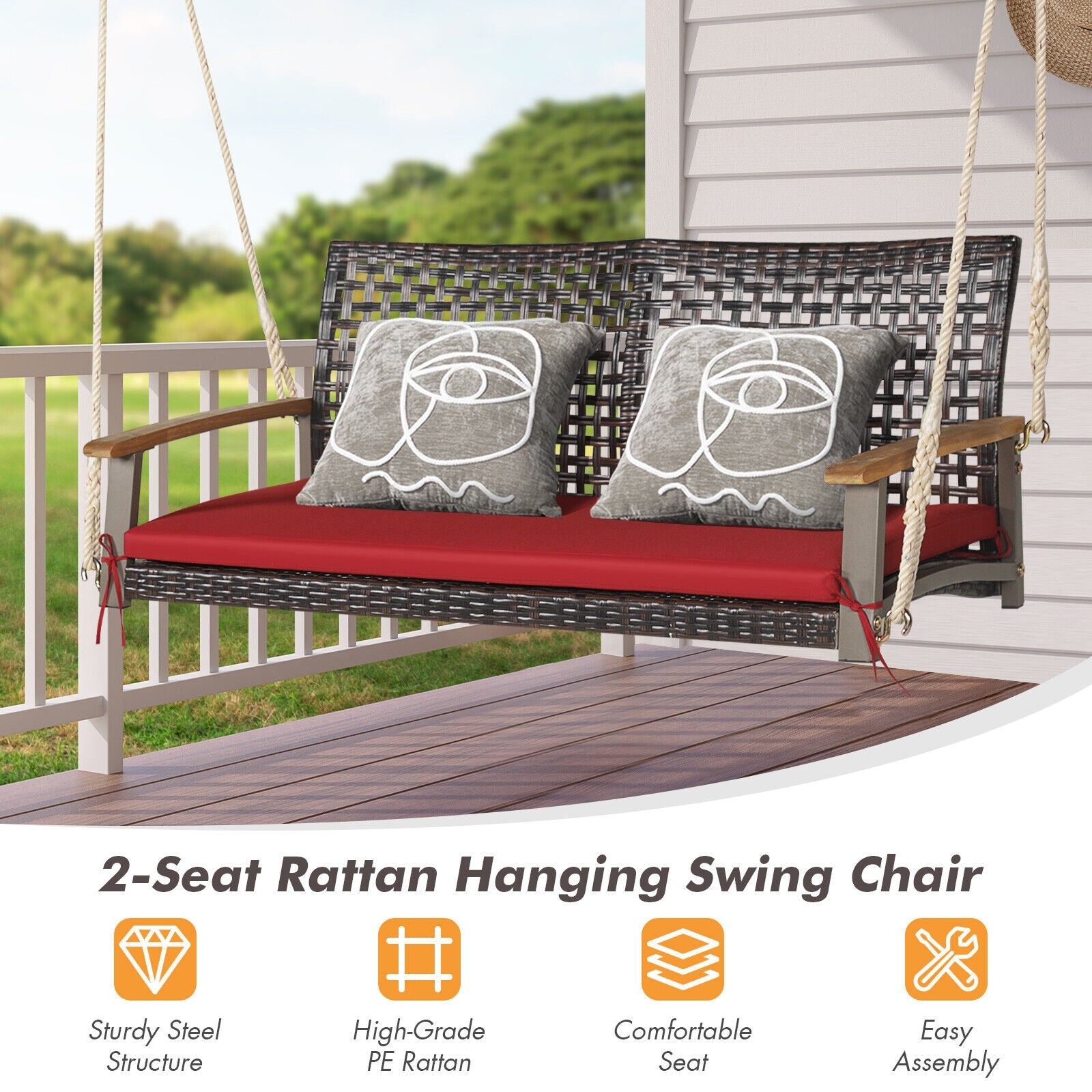 2-Person Rattan Hanging Swing Chair, Red Porch Swings at Gallery Canada