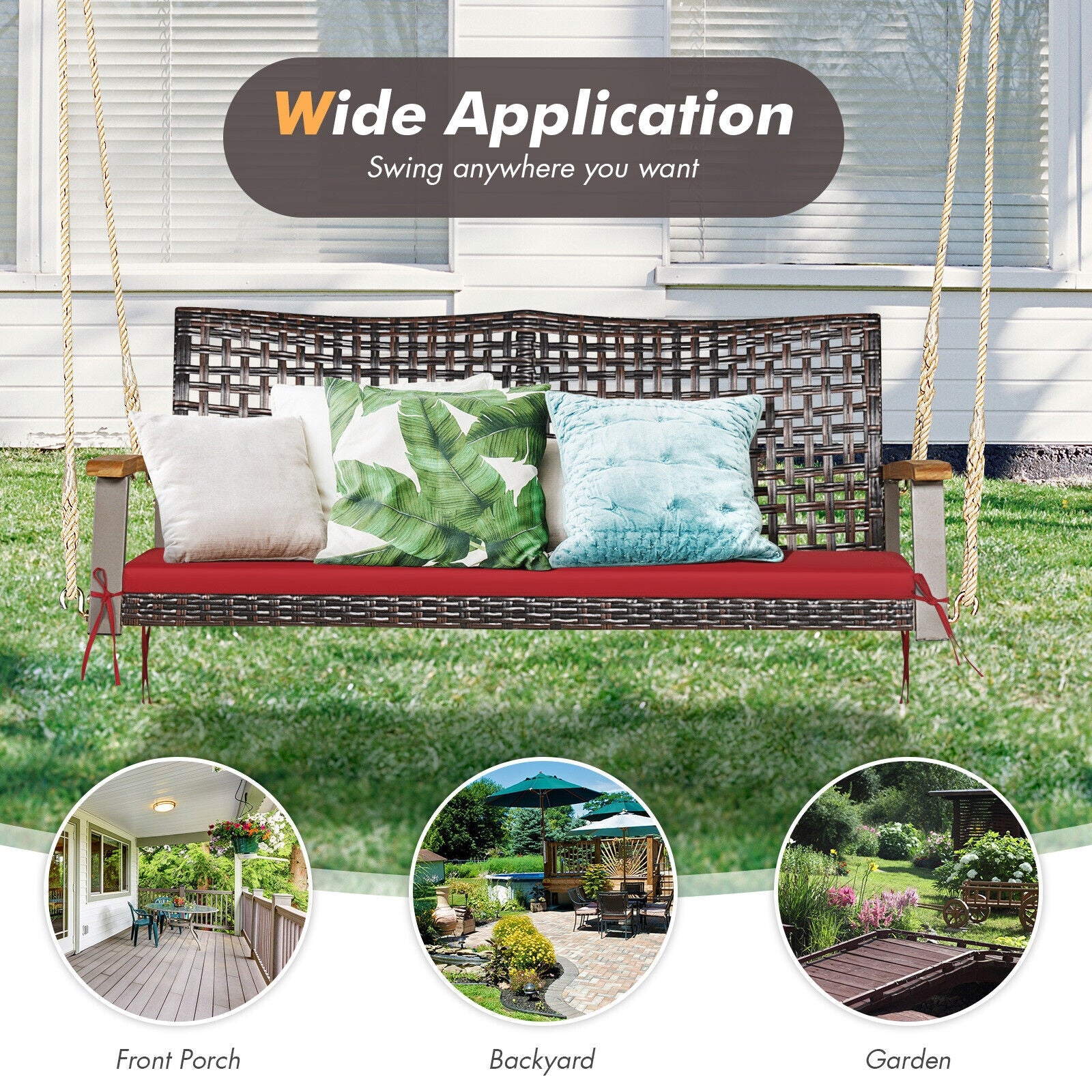 2-Person Rattan Hanging Swing Chair, Red Porch Swings at Gallery Canada