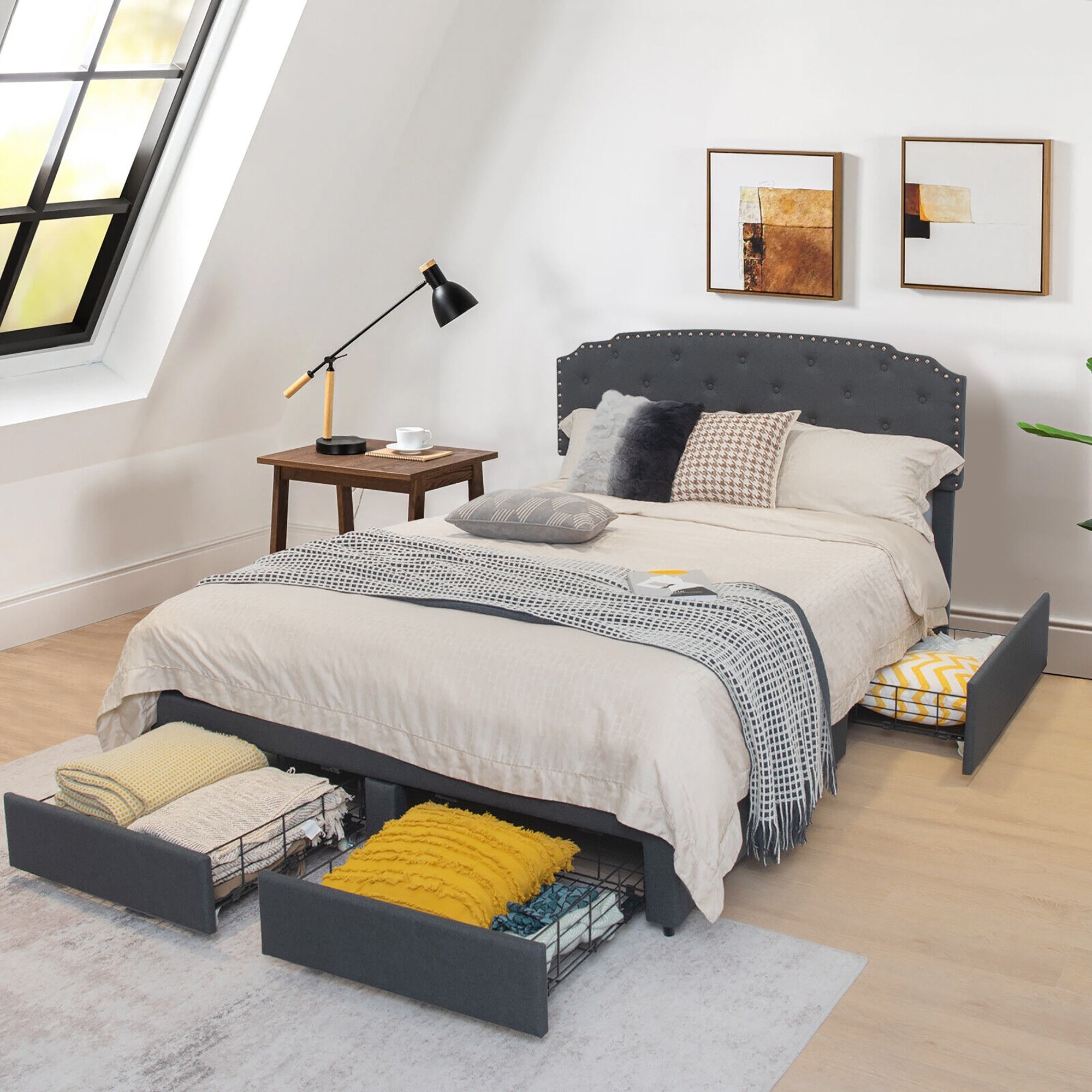Queen Platform Bed Frame, Adjustable Headboard, 4 Storage Drawers, Gray Simple Bed Frame at Gallery Canada
