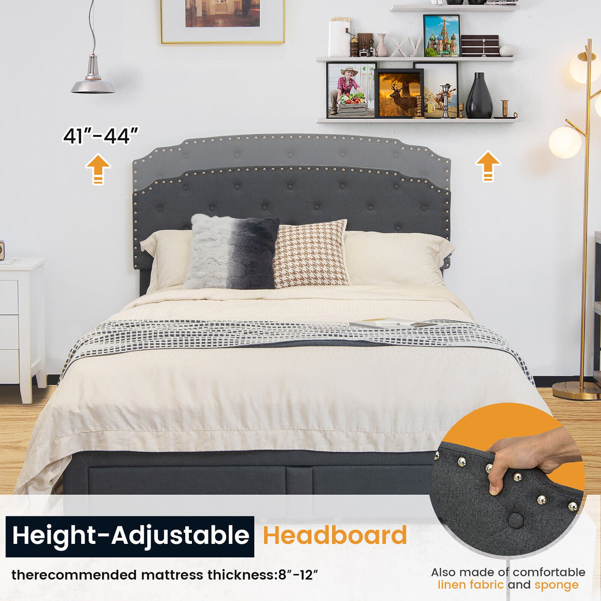 Queen Platform Bed Frame, Adjustable Headboard, 4 Storage Drawers, Gray Simple Bed Frame at Gallery Canada