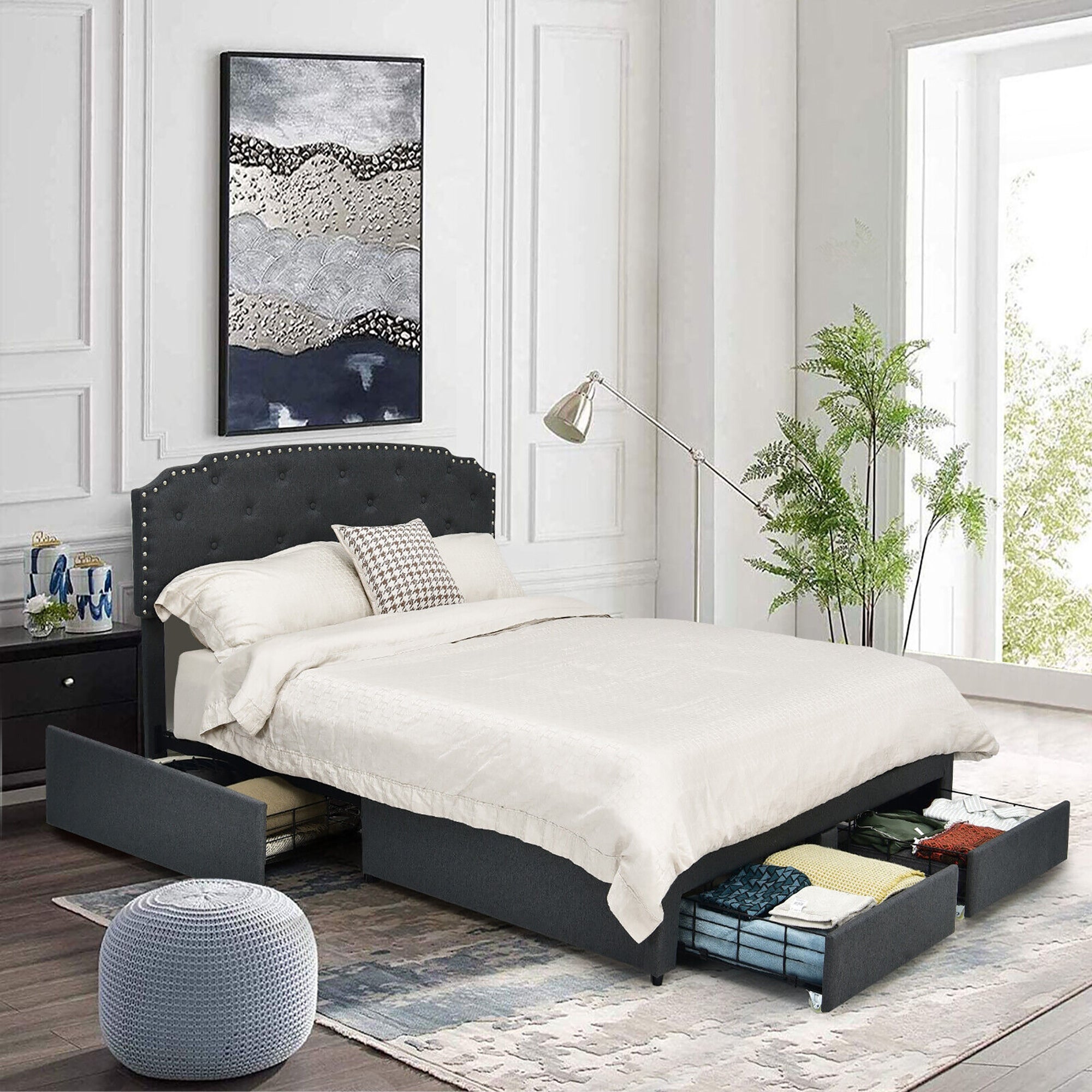Queen Platform Bed Frame, Adjustable Headboard, 4 Storage Drawers, Gray Simple Bed Frame at Gallery Canada