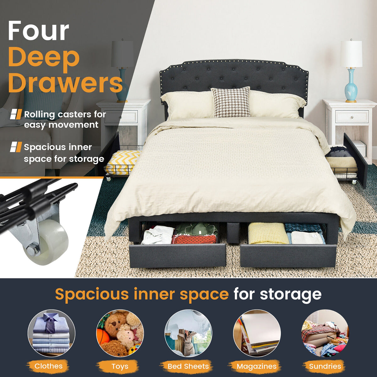 Queen Platform Bed Frame, Adjustable Headboard, 4 Storage Drawers, Gray Simple Bed Frame at Gallery Canada