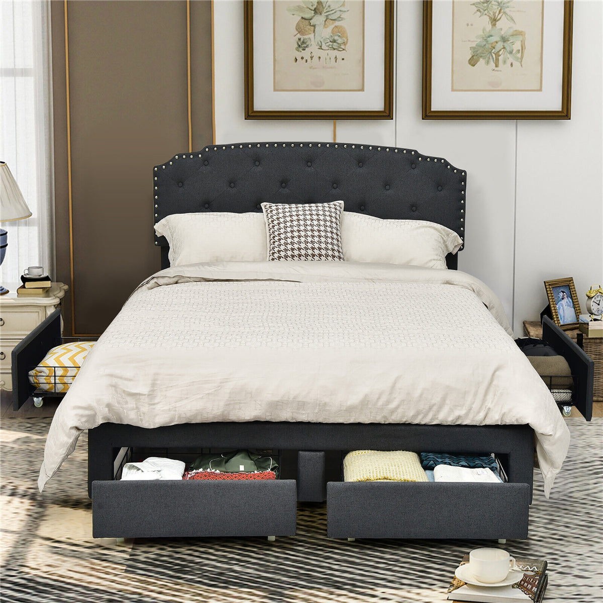Platform Bed Frame With Adjustable Headboard, 4 Storage Drawers, Gray Simple Bed Frame at Gallery Canada