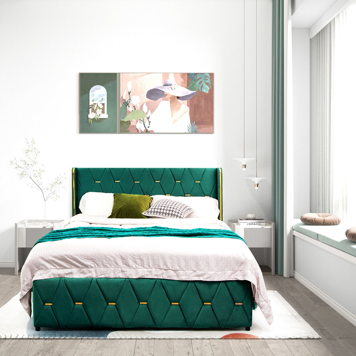 Queen/Full Size Upholstered Platform Bed Frame, Adjustable Headboard, Green Simple Bed Frame at Gallery Canada
