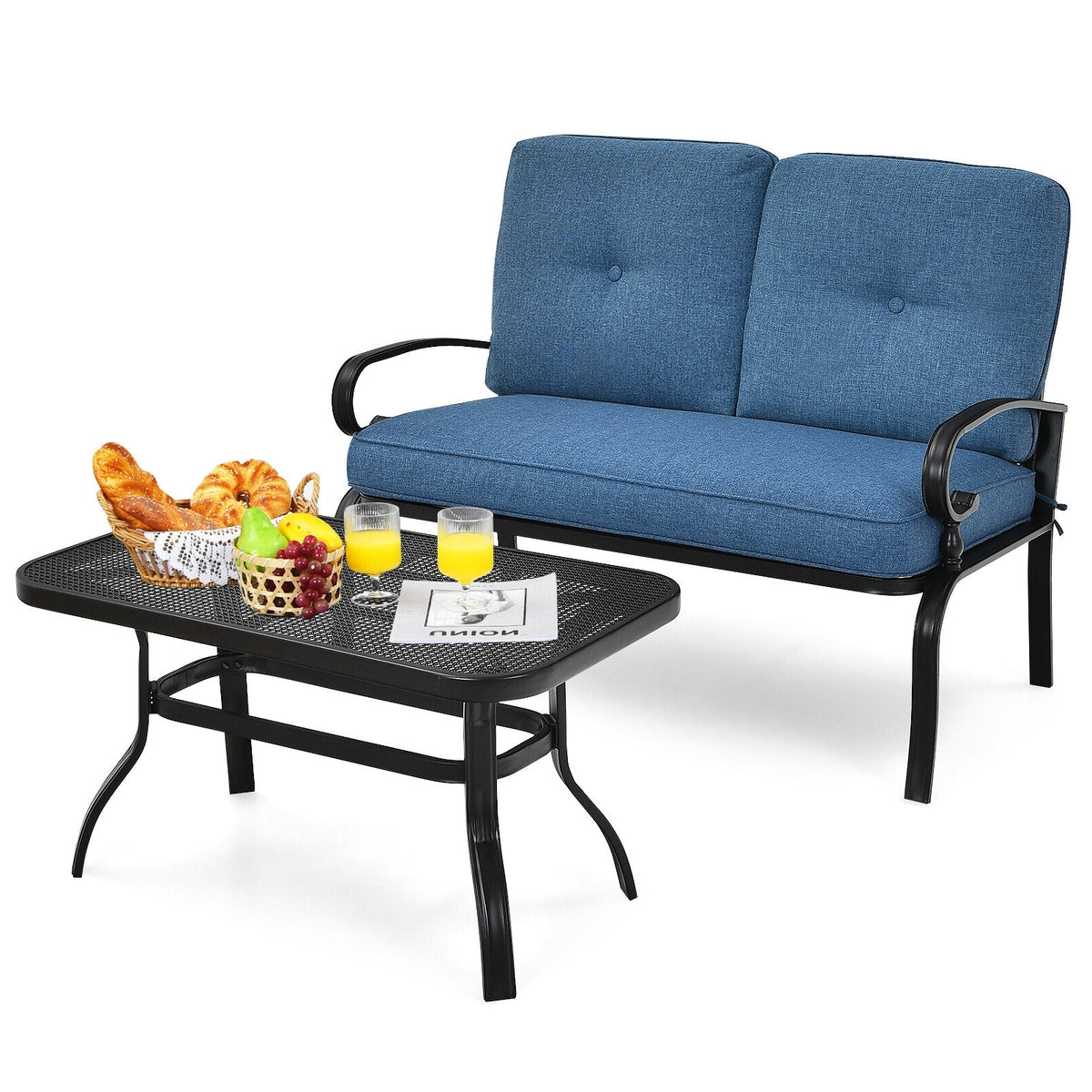 Patio Loveseat Bench Table Set, 2 Pieces, Blue Patio Conversation Sets Blue at Gallery Canada