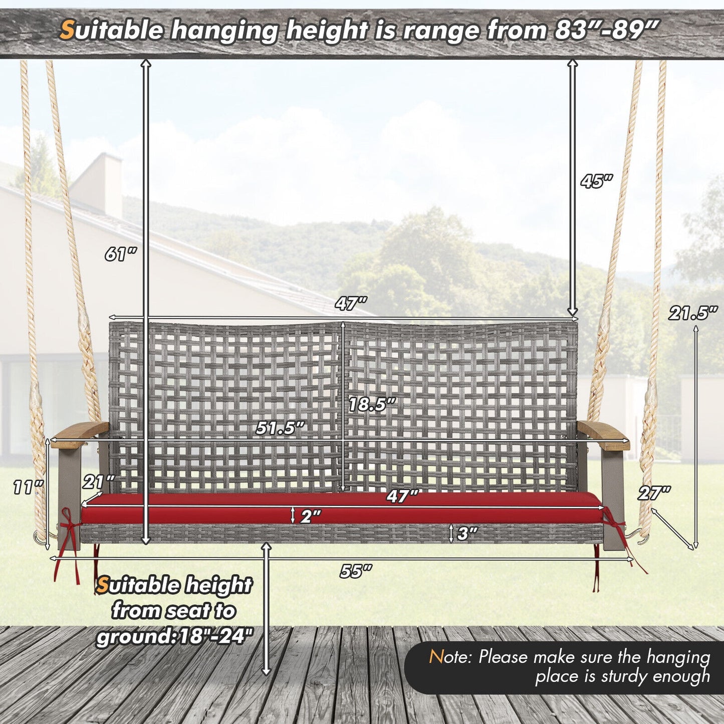 2-Person Patio Wicker Hanging Swing Chair, Red Porch Swings at Gallery Canada