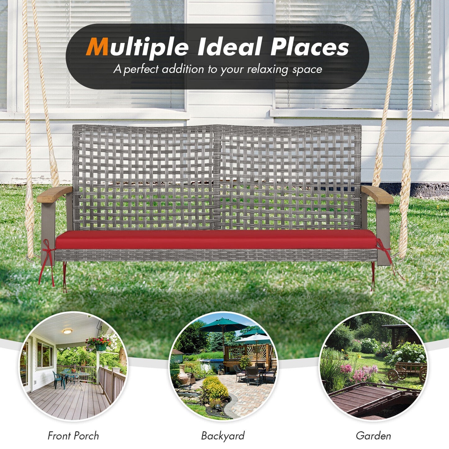 2-Person Patio Wicker Hanging Swing Chair, Red Porch Swings at Gallery Canada