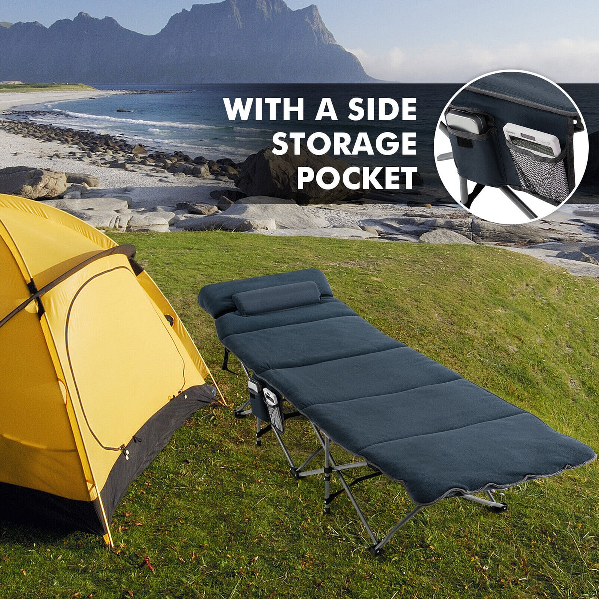 Folding Retractable Camping Cot With Mattress, Carry Bag, Blue Camping Furniture at Gallery Canada