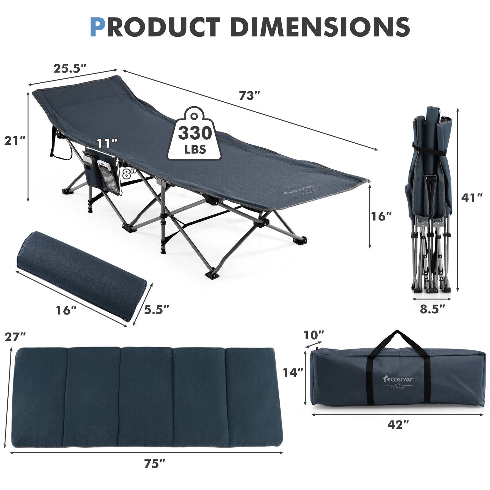 Folding Retractable Camping Cot With Mattress, Carry Bag, Blue Camping Furniture at Gallery Canada