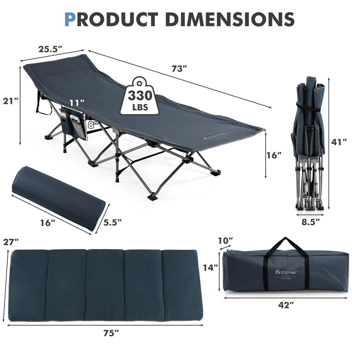 Folding Retractable Camping Cot With Mattress, Carry Bag, Blue Camping Furniture at Gallery Canada